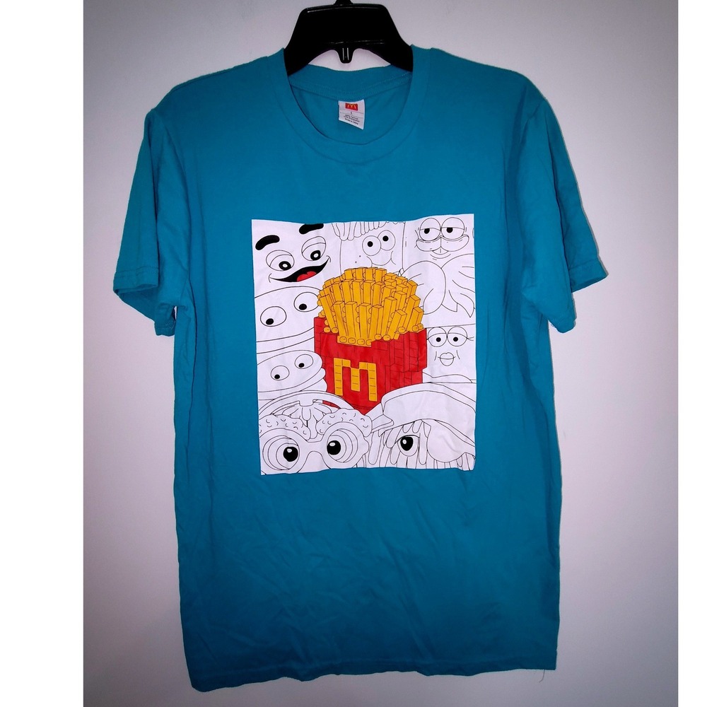 McDonalds Graphic T-Shirt Mens Large Teal Blue French Fries Character Art Tee